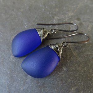 Cobalt Blue sea glass earrings wire wrapped with hematite colored wire